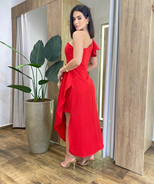 Vestido Midi Sara Nula Manga com Bojo e Fenda Lateral Vermelho - Fernanda Ramos Store