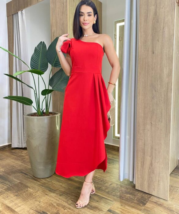 Vestido Midi Sara Nula Manga com Bojo e Fenda Lateral Vermelho - Fernanda Ramos Store