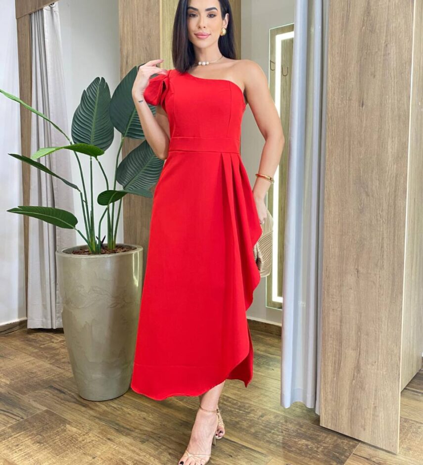 Vestido Midi Sara Nula Manga com Bojo e Fenda Lateral Vermelho - Fernanda Ramos Store