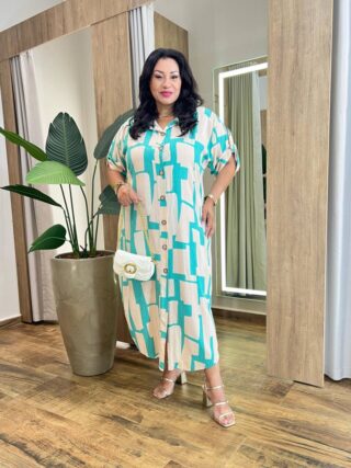 Vestido Midi sem Bojo Plus Estampado Fechamento em Botões Bege - Fernanda Ramos Store