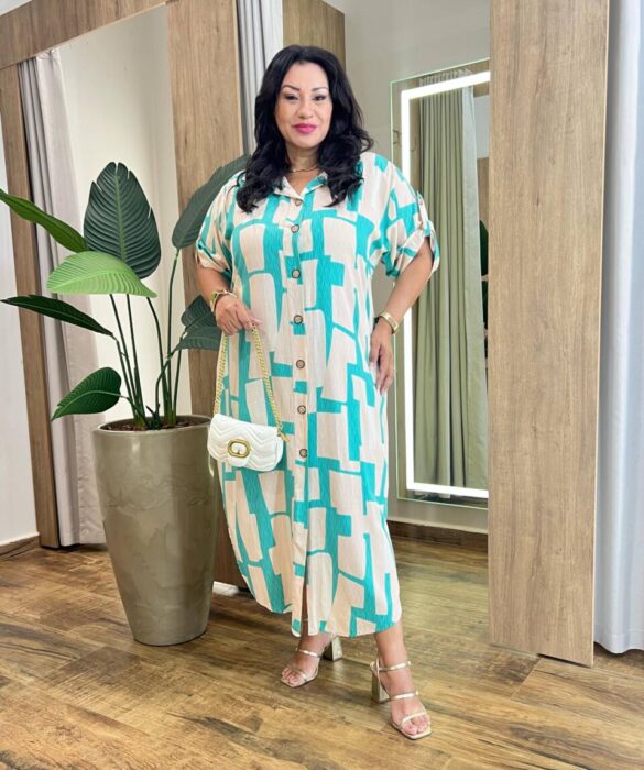 Vestido Midi sem Bojo Plus Estampado Fechamento em Botões Bege - Fernanda Ramos Store