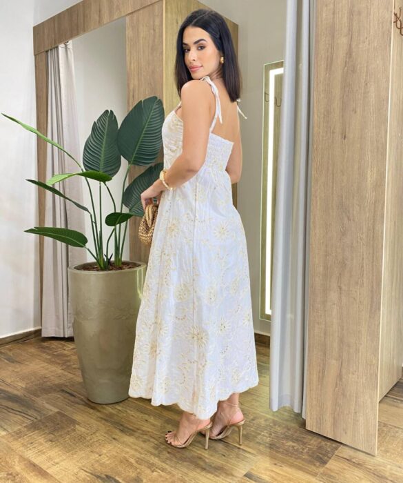 Vestido Midi Sofia de Laise sem Bojo Bordado Off White - Fernanda Ramos Store