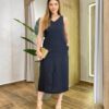 Vestido Midi Tati Viscolinho sem Bojo com Fenda Preto - Fernanda Ramos Store