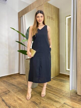 Vestido Midi Tati Viscolinho sem Bojo com Fenda Preto - Fernanda Ramos Store