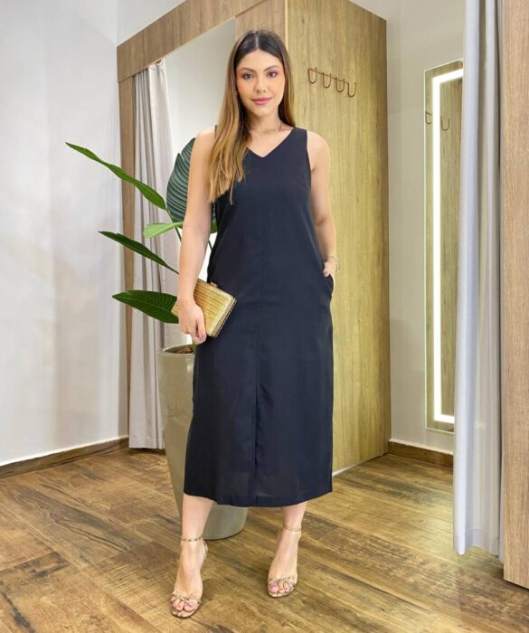 Vestido Midi Tati Viscolinho sem Bojo com Fenda Preto - Fernanda Ramos Store