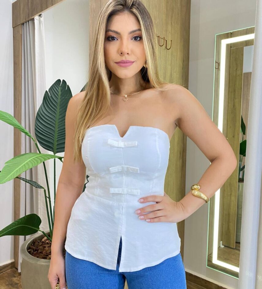 Blusa Feminina Ana Tomara que Caia com Bojo Detalhe em Laço Branca - Fernanda Ramos Store