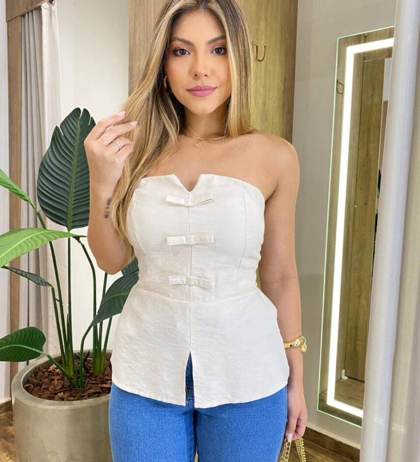 Blusa Feminina Ana Tomara que Caia com Bojo Detalhe em Laço Nude - Fernanda Ramos Store