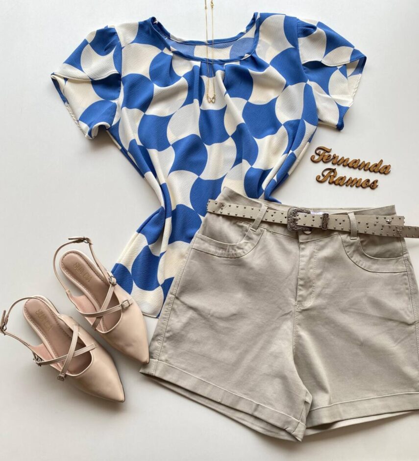 Blusa Feminina Crepe Suzana Manga Curta Estampada Azul - Fernanda Ramos Store