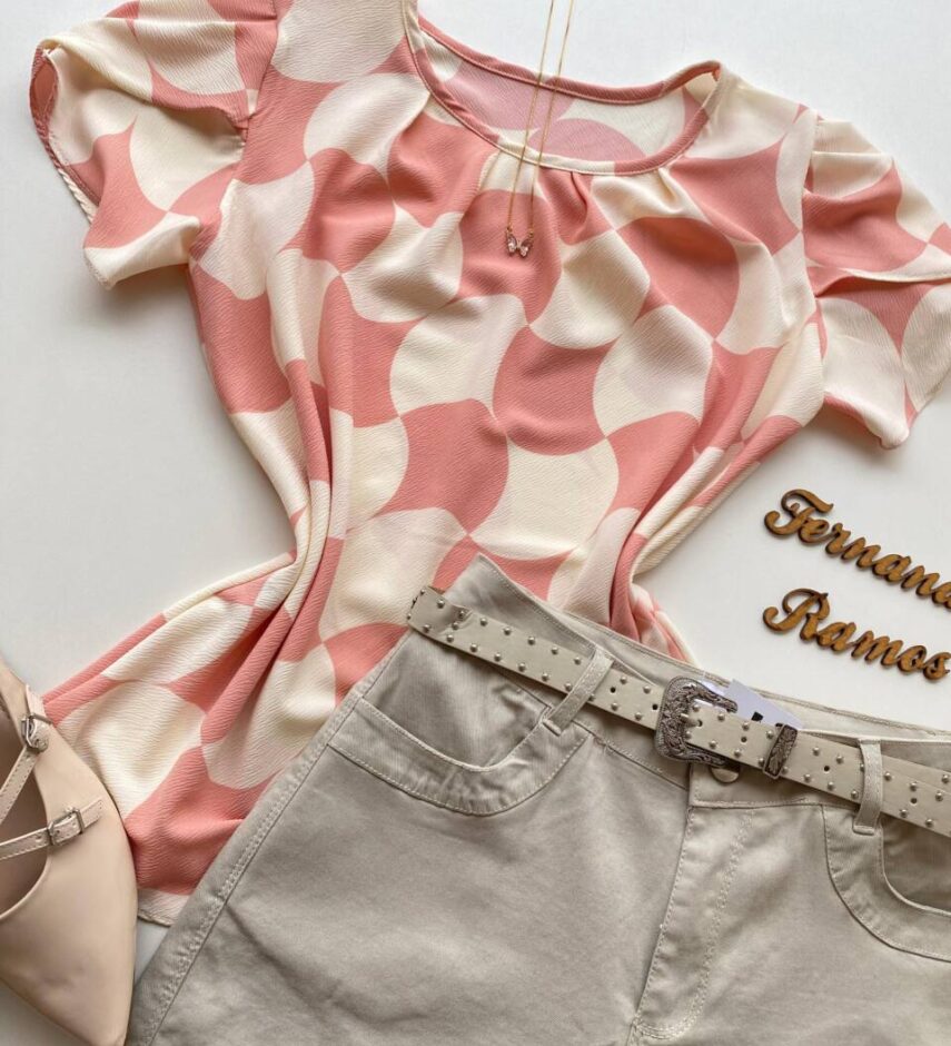 Blusa Feminina Crepe Suzana Manga Curta Estampada Rosa - Fernanda Ramos Store