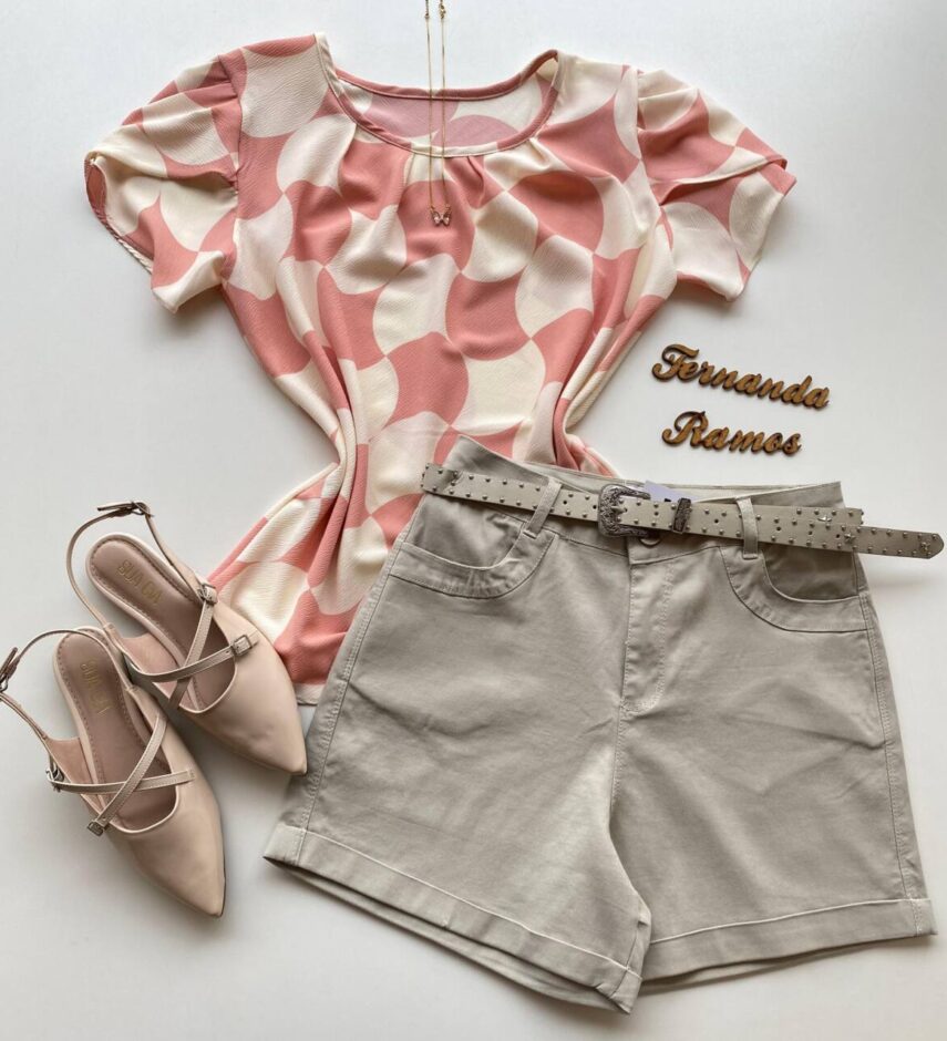 Blusa Feminina Crepe Suzana Manga Curta Estampada Rosa - Fernanda Ramos Store