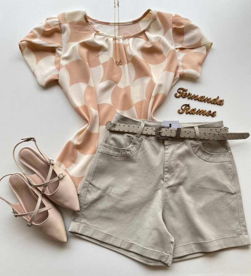 Blusa Feminina Crepe Suzana Manga Curta Estampada Bege - Fernanda Ramos Store