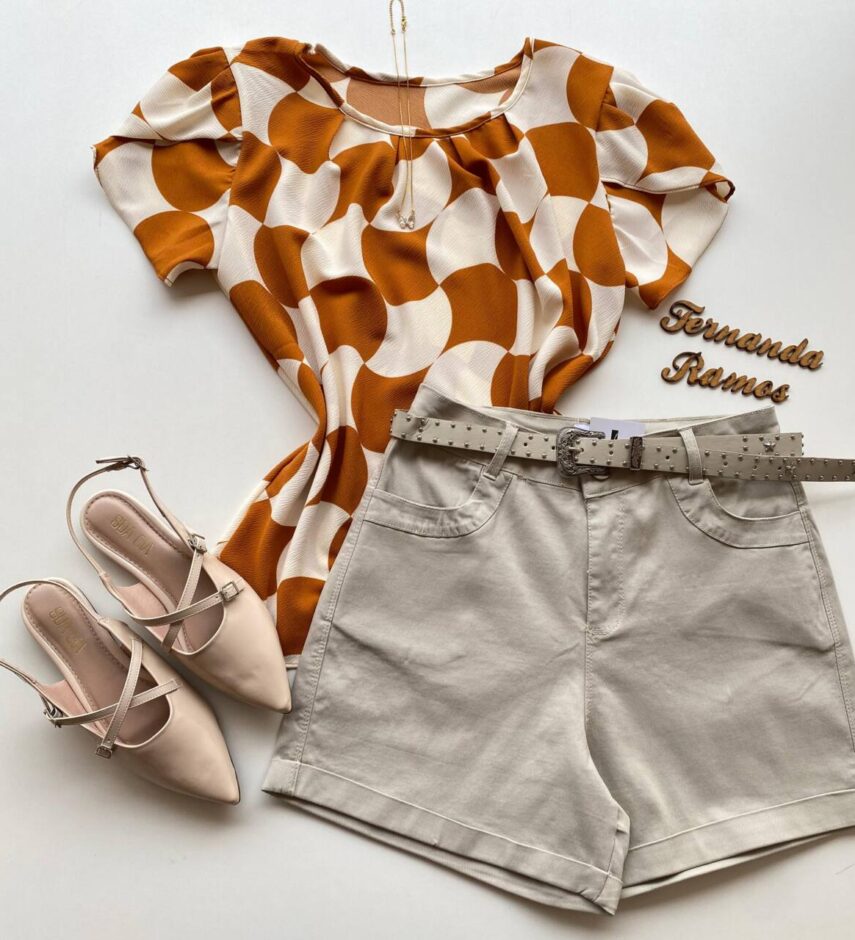 Blusa Feminina Crepe Suzana Manga Curta Estampada Caramelo - Fernanda Ramos Store
