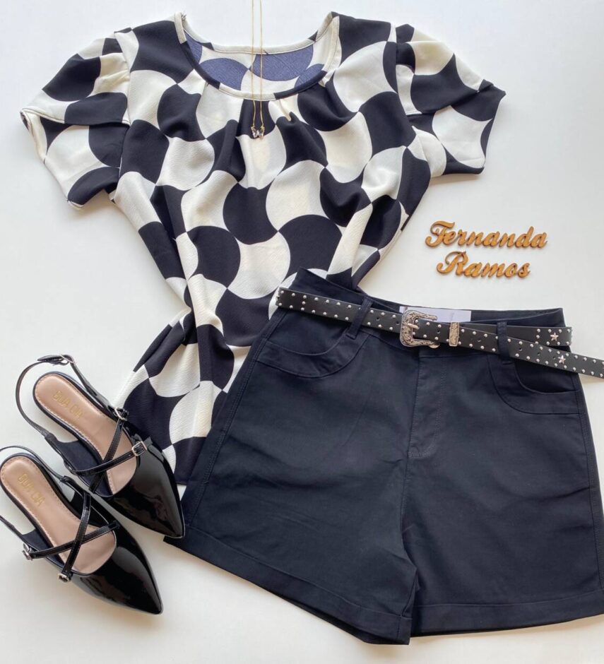 Blusa Feminina Crepe Suzana Manga Curta Estampada Preta - Fernanda Ramos Store