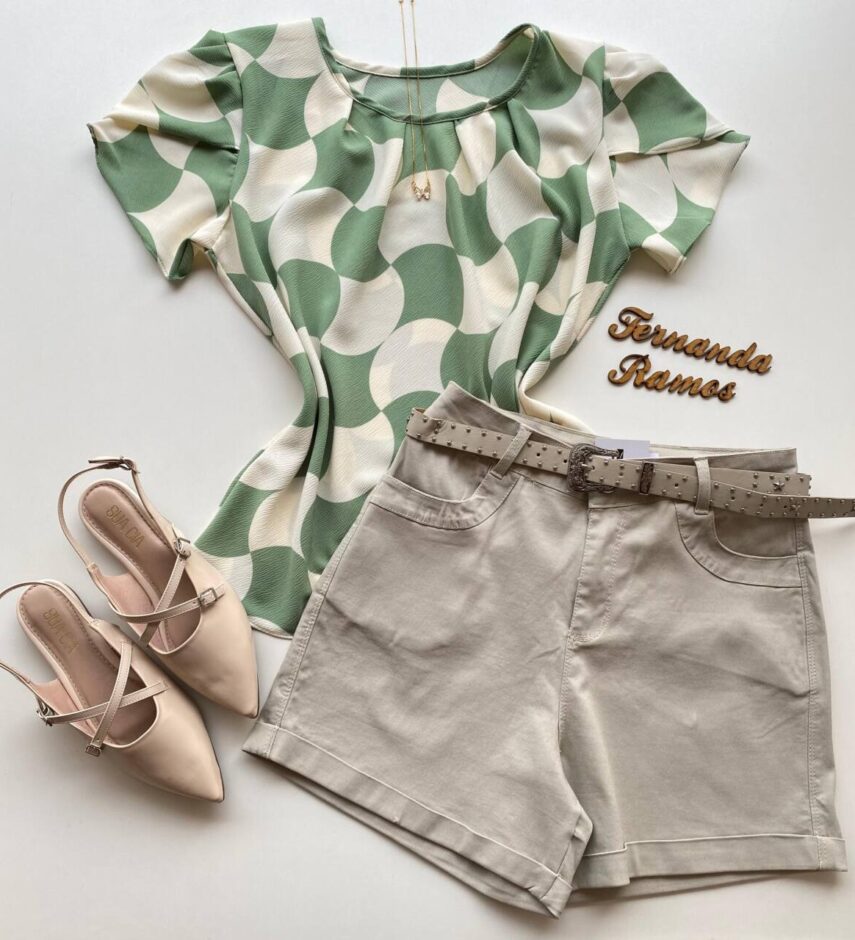Blusa Feminina Crepe Suzana Manga Curta Estampada Verde - Fernanda Ramos Store