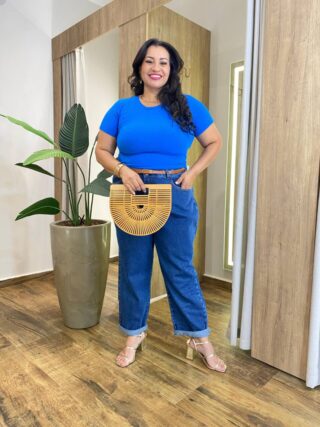 Blusa Feminina Manga Curta Canelada Lety Azul - Fernanda Ramos Store