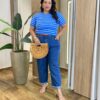 Blusa Feminina Manga Curta Plus Canelada Listrada Azul - Fernanda Ramos Store