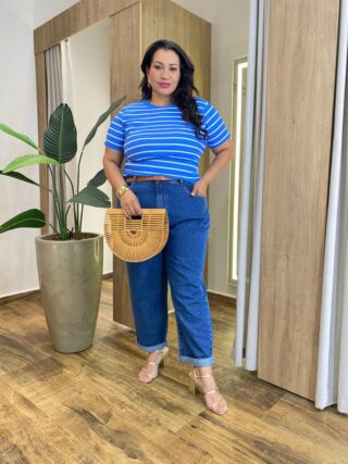 Blusa Feminina Manga Curta Plus Canelada Listrada Azul - Fernanda Ramos Store