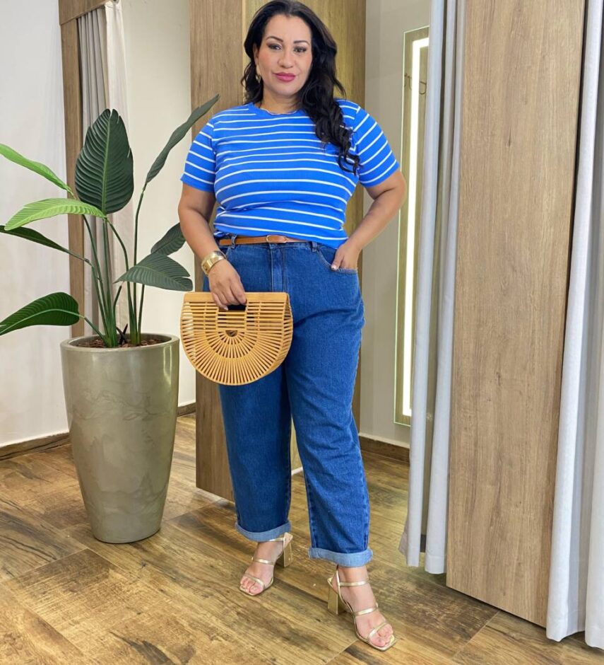 Blusa Feminina Manga Curta Plus Canelada Listrada Azul - Fernanda Ramos Store