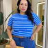 Blusa Feminina Manga Curta Plus Canelada Listrada Azul - Fernanda Ramos Store