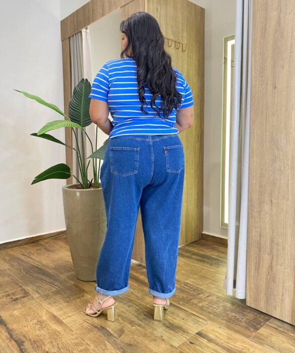Blusa Feminina Manga Curta Plus Canelada Listrada Azul - Fernanda Ramos Store