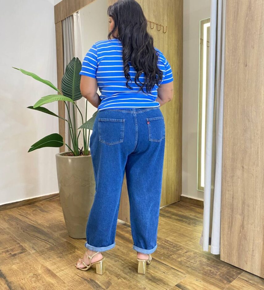 Blusa Feminina Manga Curta Plus Canelada Listrada Azul - Fernanda Ramos Store