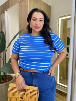 Blusa Feminina Manga Curta Plus Canelada Listrada Azul - Fernanda Ramos Store