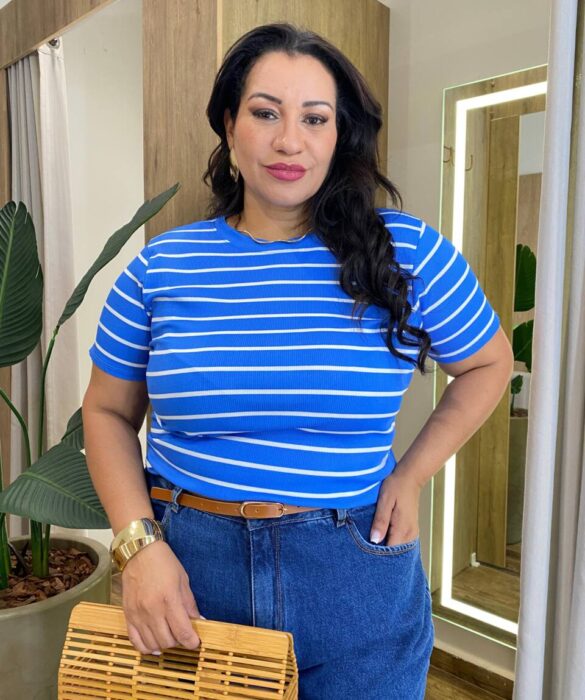 Blusa Feminina Manga Curta Plus Canelada Listrada Azul - Fernanda Ramos Store