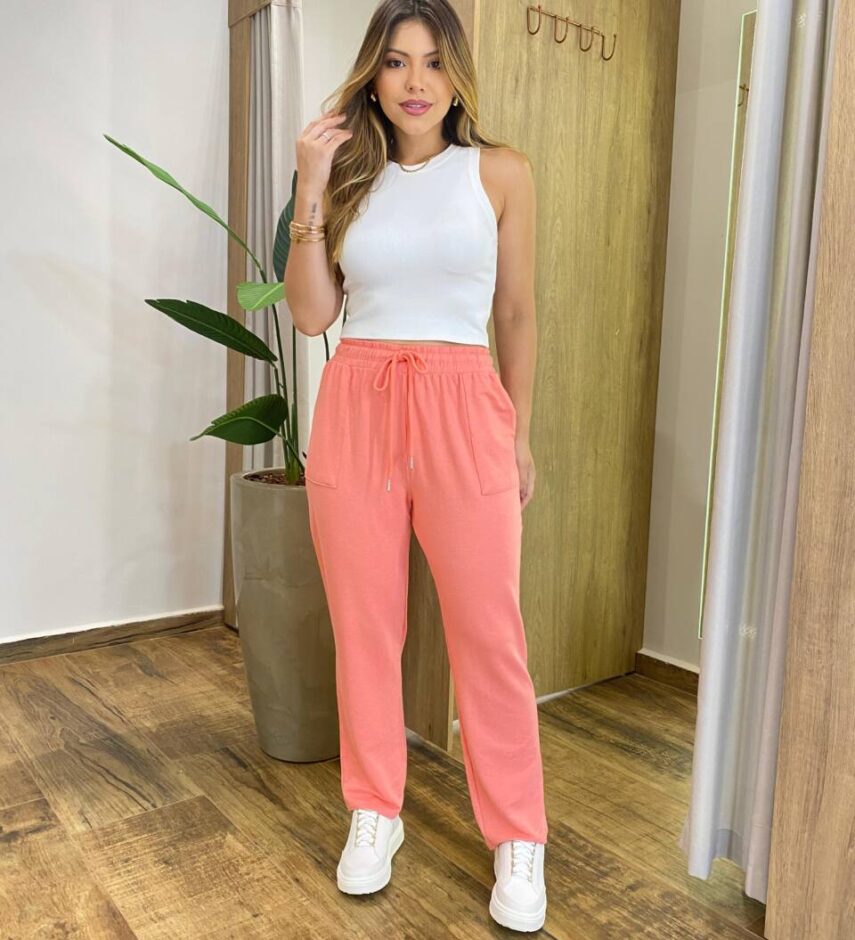 Calça Feminina Eloise Cigarrete com Bolso e Amarração Salmão - Fernanda Ramos Store