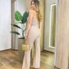 Conjunto Atlas Cropped Tomara que Caia com Bojo e Calça Flare Bege - Fernanda Ramos Store