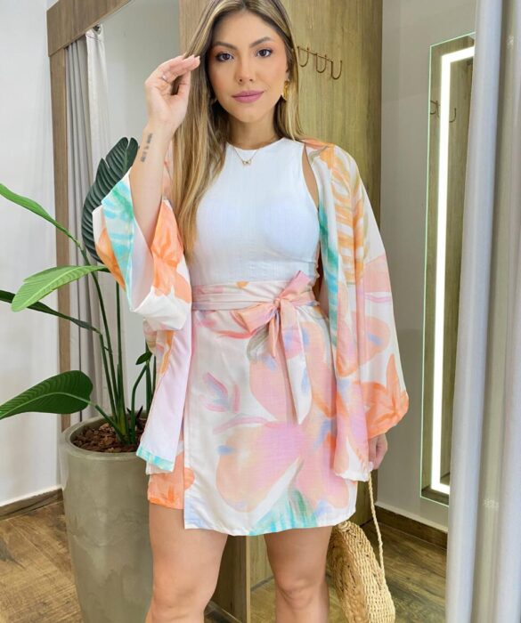 Conjunto Feminino Isis Kimono e Short Saia Tons Pasteis - Fernanda Ramos Store