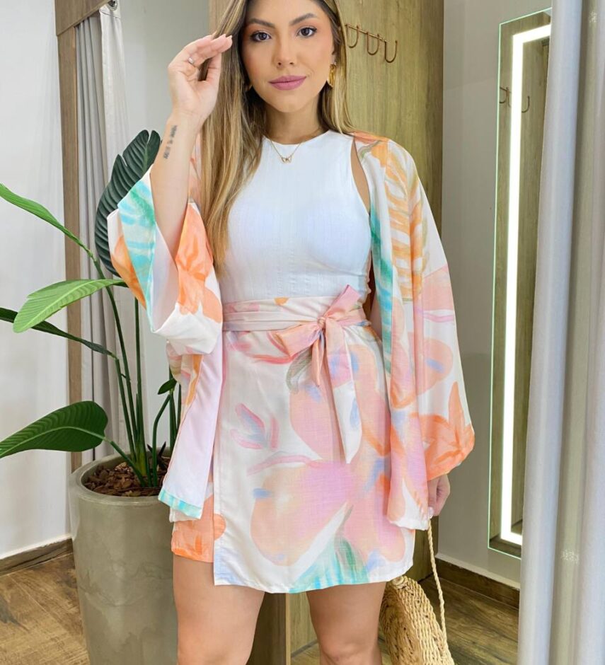 Conjunto Feminino Isis Kimono e Short Saia Tons Pasteis - Fernanda Ramos Store