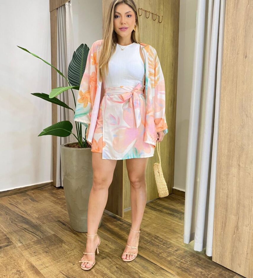 Conjunto Feminino Isis Kimono e Short Saia Tons Pasteis - Fernanda Ramos Store