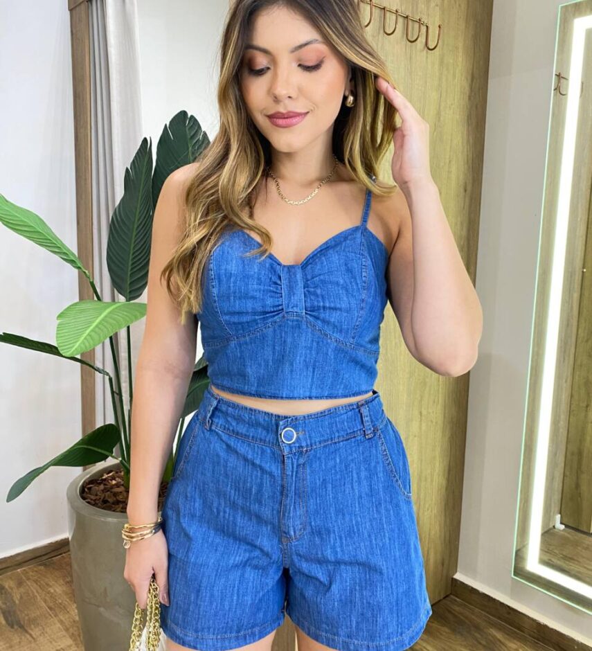 Conjunto Feminino Lívia Cropped sem Bojo e Short com Bolso Jeans - Fernanda Ramos Store