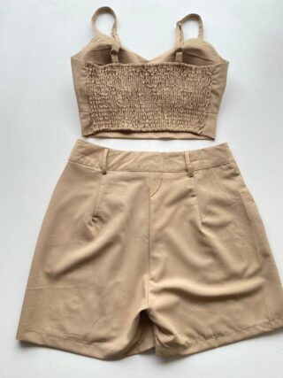 Conjunto Feminino Mabel Cropped com Bojo e Short Bordado Bege - Fernanda Ramos Store