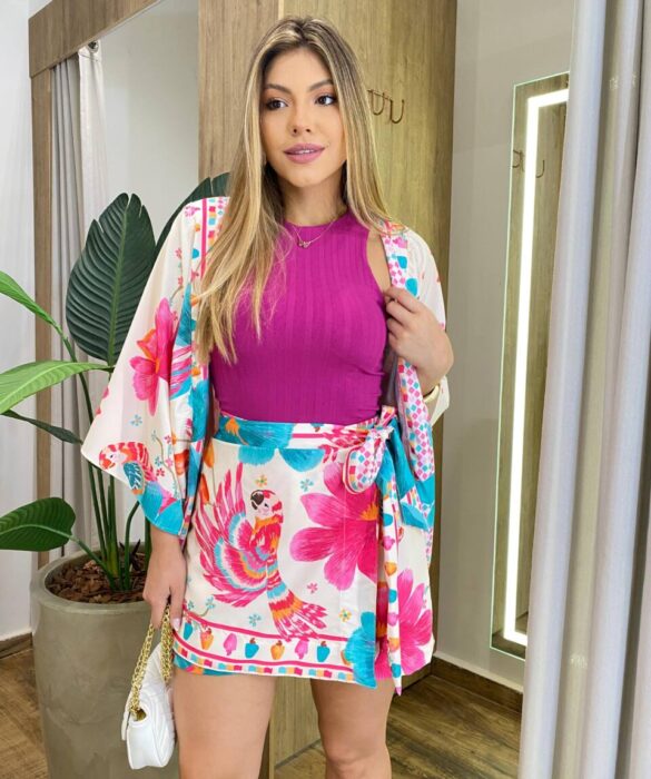 Conjunto Feminino Sara Kimono e Short Saia com Estampas Florais - Fernanda Ramos Store