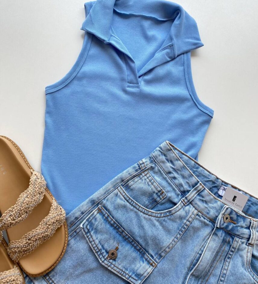 Cropped Feminino Bely sem Bojo Canelado com Gola Azul - Fernanda Ramos Store