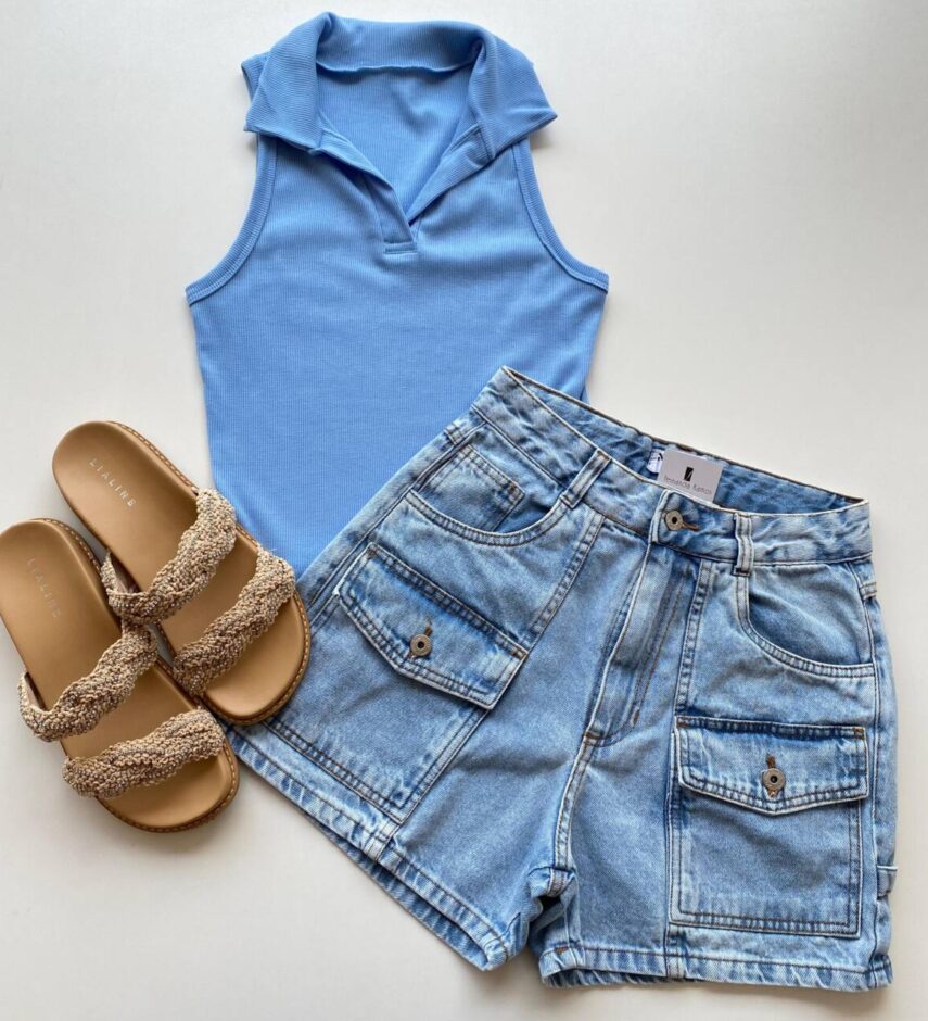 Cropped Feminino Bely sem Bojo Canelado com Gola Azul - Fernanda Ramos Store