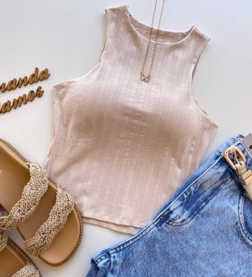 Cropped Feminino Eduarda com Bojo Canelado Bege - Fernanda Ramos Store