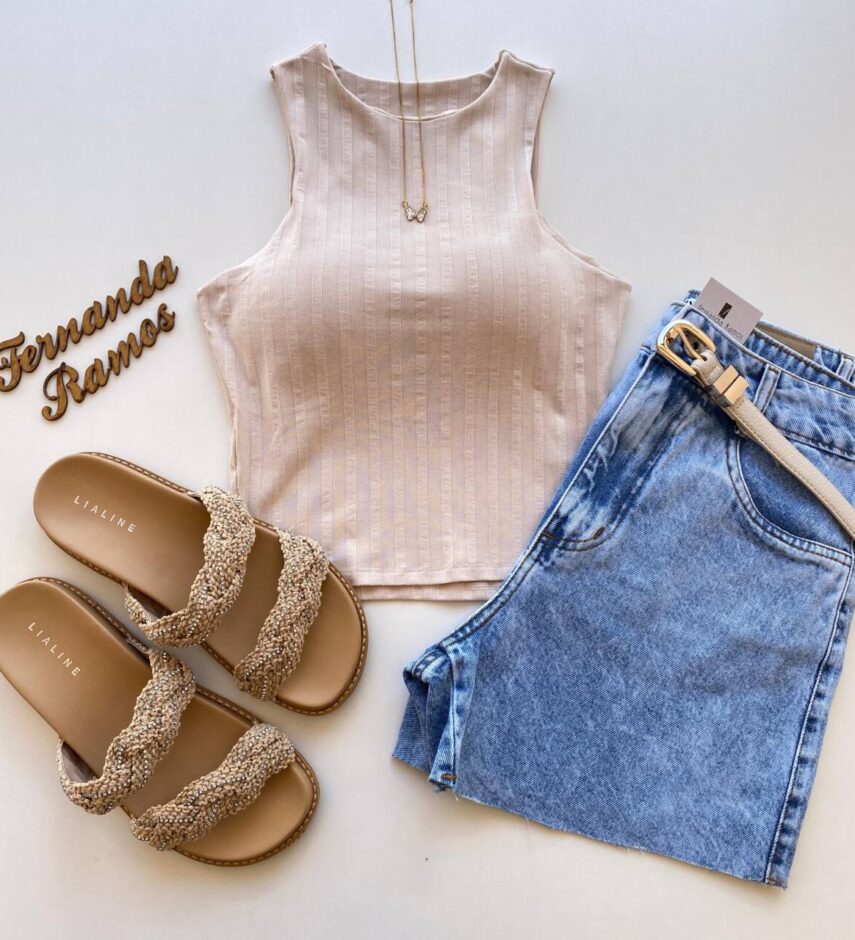 Cropped Feminino Eduarda com Bojo Canelado Bege - Fernanda Ramos Store