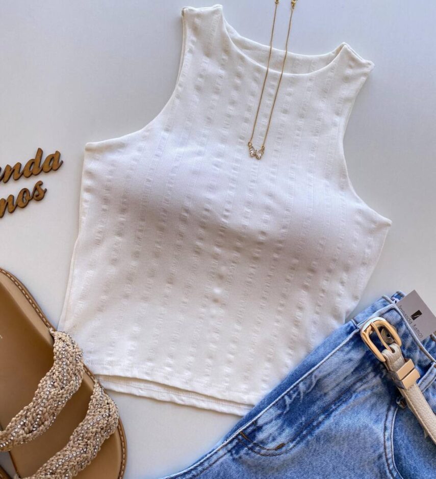 Cropped Feminino Eduarda com Bojo Canelado Off White - Fernanda Ramos Store