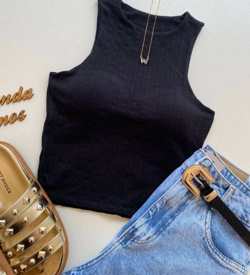 Cropped Feminino Eduarda com Bojo Canelado Preto - Fernanda Ramos Store
