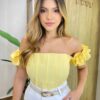 Cropped Feminino Lolla com Bojo Detalhe na Manga e Lastex Amarelo - Fernanda Ramos Store