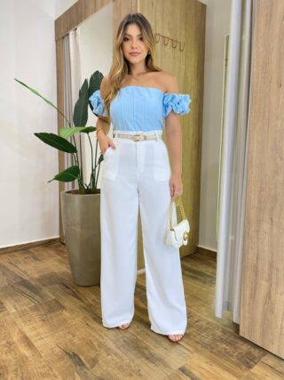 Cropped Feminino Lolla com Bojo Detalhe na Manga e Lastex Azul - Fernanda Ramos Store