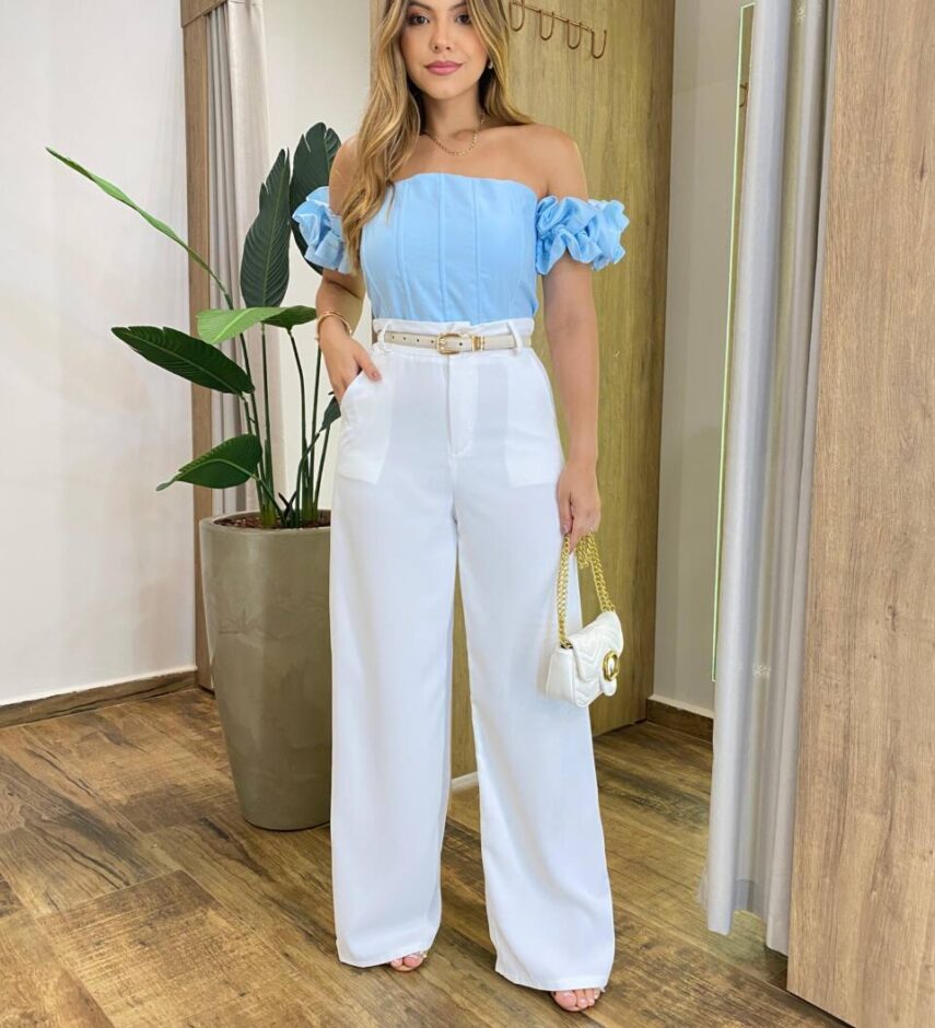 Cropped Feminino Lolla com Bojo Detalhe na Manga e Lastex Azul - Fernanda Ramos Store
