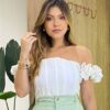 Cropped Feminino Lolla com Bojo Detalhe na Manga e Lastex Branco - Fernanda Ramos Store