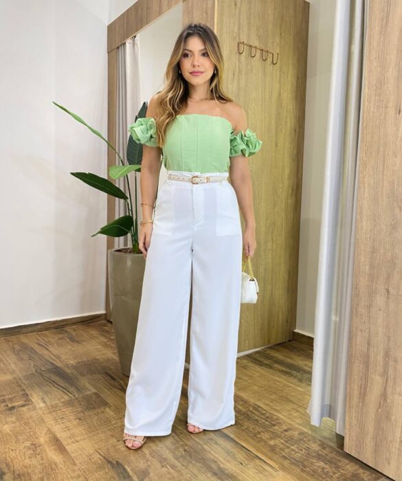 Cropped Feminino Lolla com Bojo Detalhe na Manga e Lastex Verde - Fernanda Ramos Store