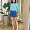 Cropped Feminino Manga Curta Betina Verde Aguá com Estampa Floral - Fernanda Ramos Store