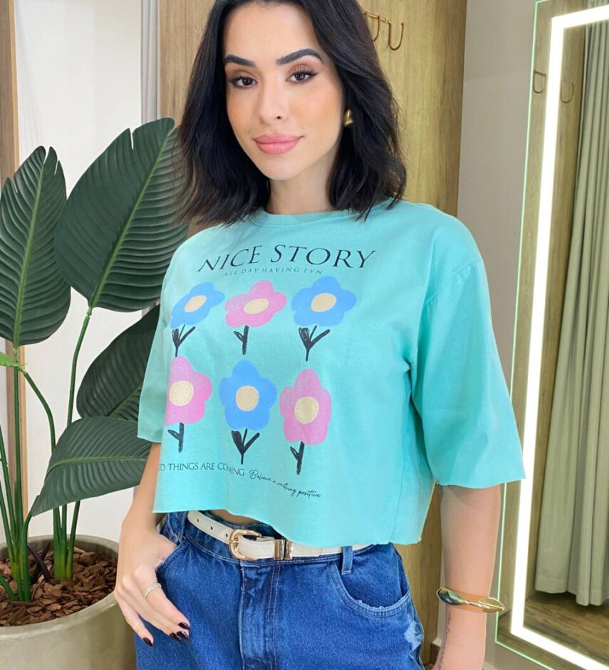 Cropped Feminino Manga Curta Betina Verde Aguá com Estampa Floral - Fernanda Ramos Store