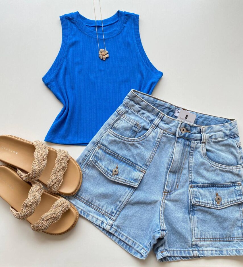 Cropped Feminino Taty sem Bojo Canelado Azul - Fernanda Ramos Store