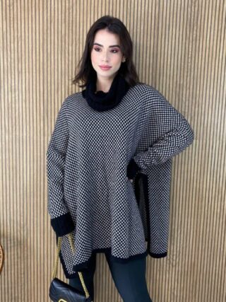 Poncho Feminino Tricot Bruna Xadrez Preto e Branco - Fernanda Ramos Store